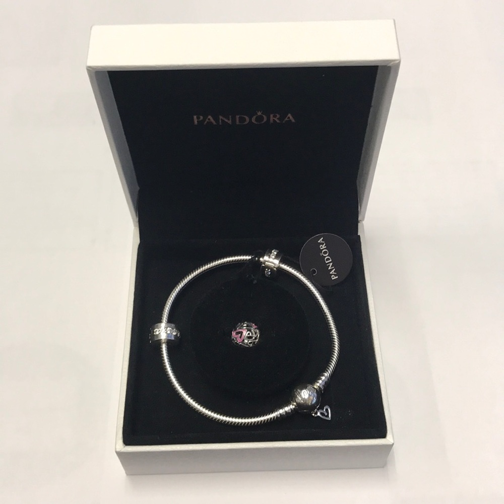 Pandora Heart Bracelet w/pink heart charm gift set